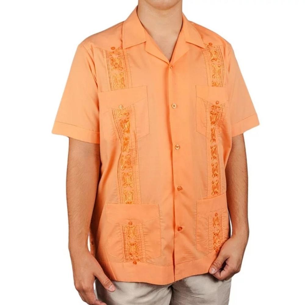 KS Island Men's Orange Button Down Shirt Guayabera Sz 4X Tall